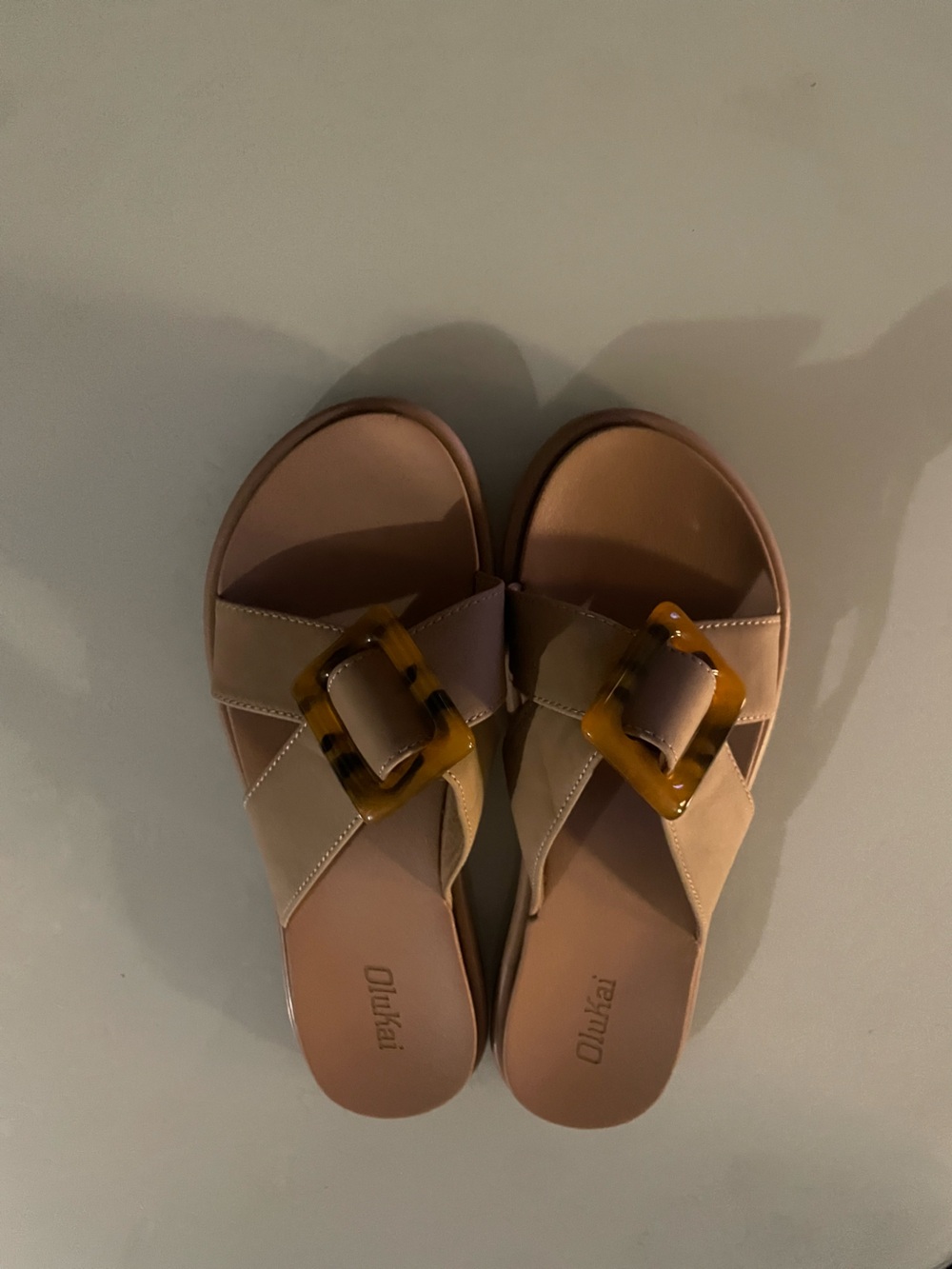 OluKai Women's Beige Slide Sandals with Tortoiseshell Buckle